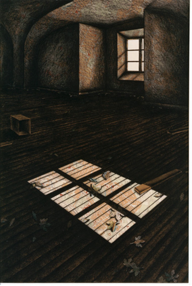  Chris Wilson:  Interior – Narrow Water , 1991, map and conté on panel, 76 x 122 cm; private collection; courtesy the artist